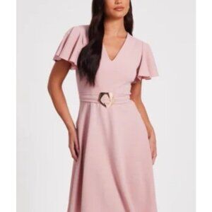 Quiz Midi Dress Dusyy Pink Size 8 Puff Short Sleeve Flutter Ruffle NEW